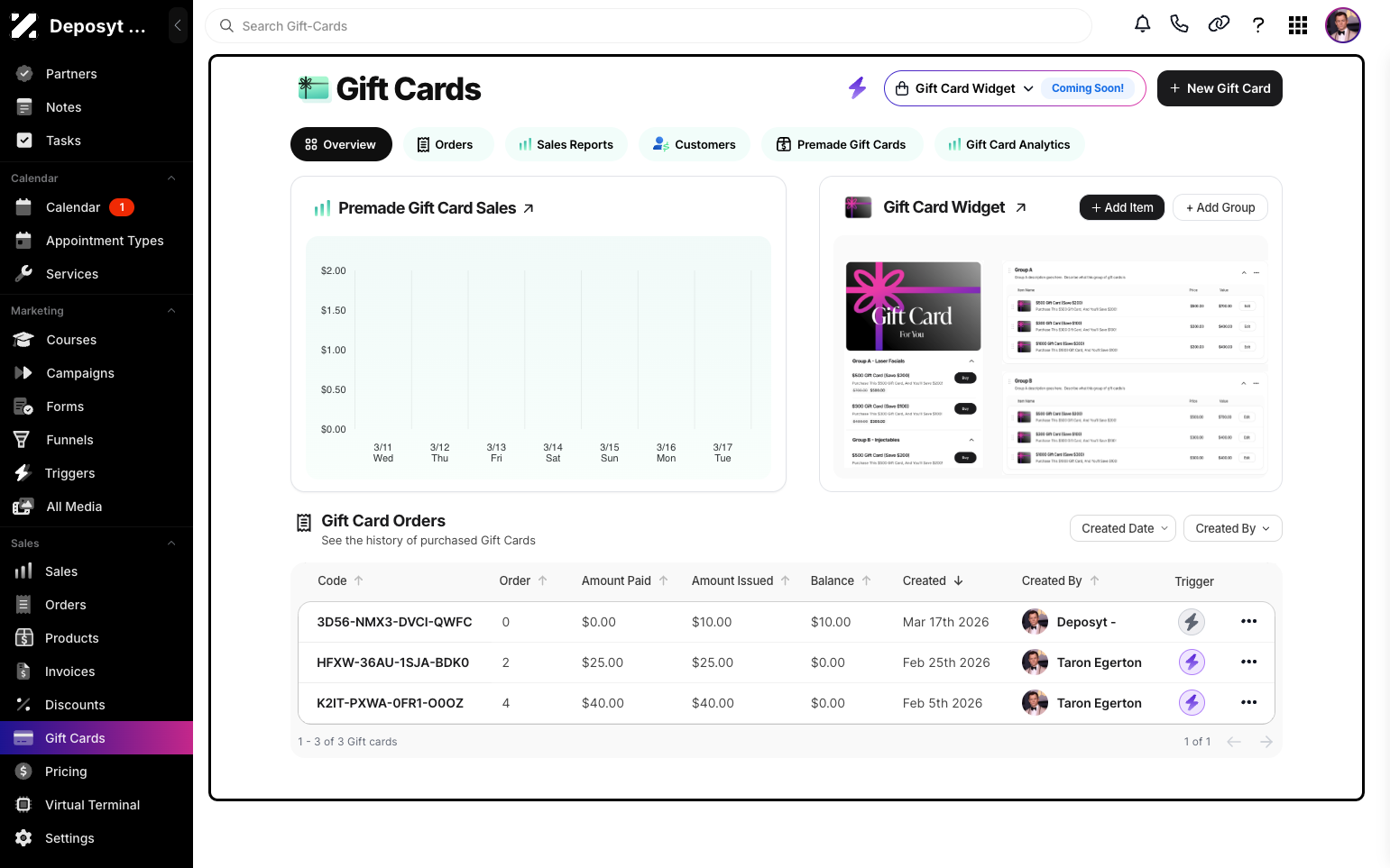 Step 2: You will then be navigated to the Gift Cards tab.