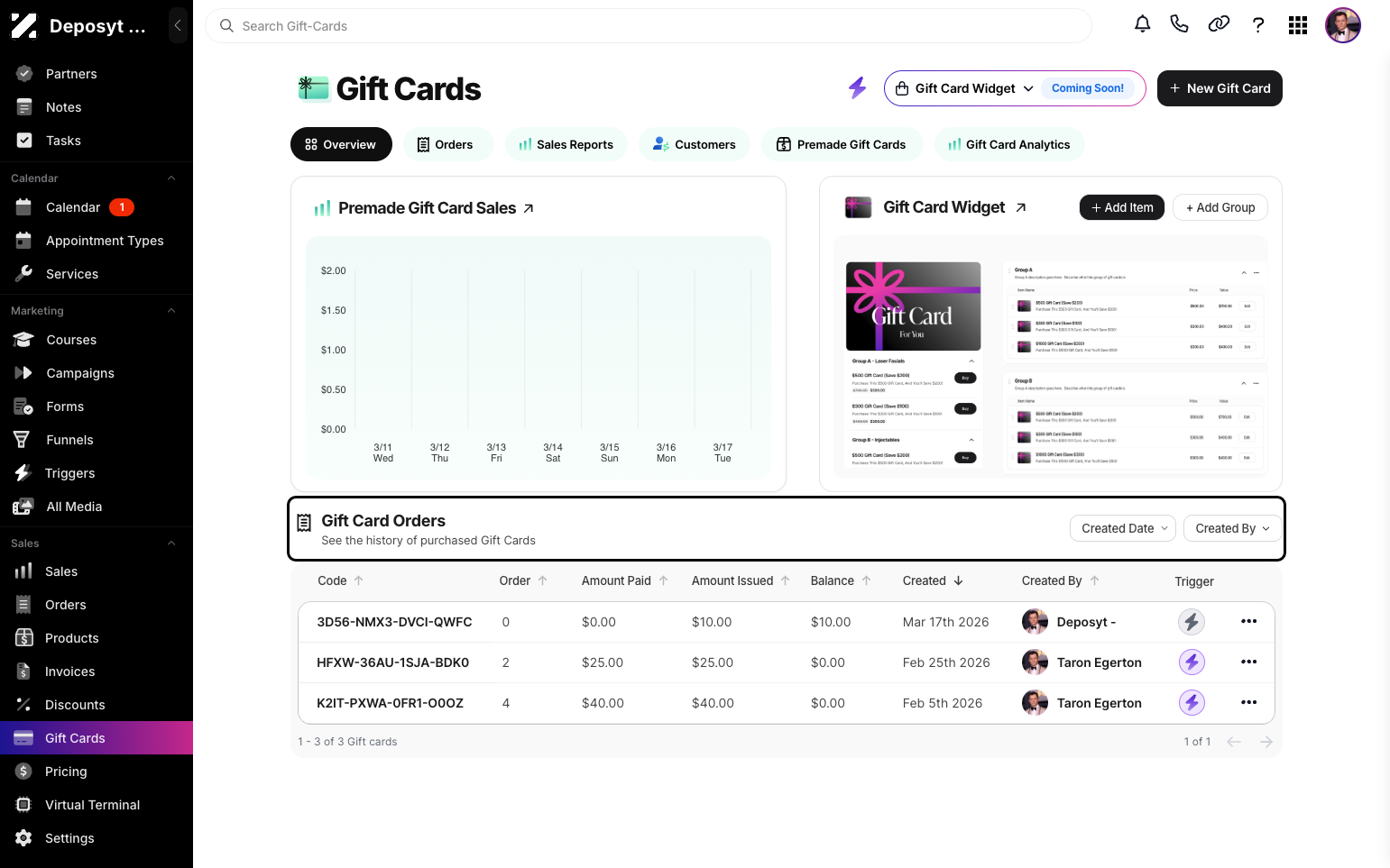 Step 3: Scroll down to the Gift Card Orders section, where you can see the Created Date and Created By filters.