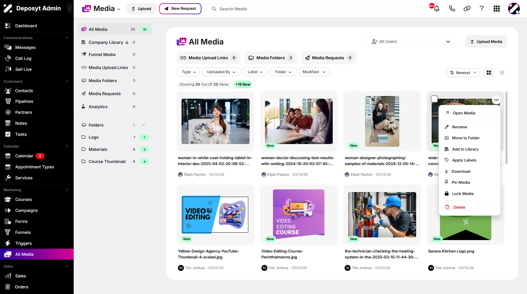 Step 4: A pop-up window will appear, allowing you to Open the media, Rename it, Move it to a Folder, Add it to the Library, and Apply Labels. You can also Download it, Pin it to the top, Lock the media, or Delete it.
