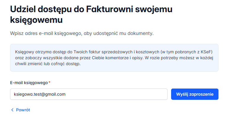 Zatwierdź przesłanie zaproszenia przyciskiem 'Wyślij', który znajdziesz na dole formularza udostępniania danych.