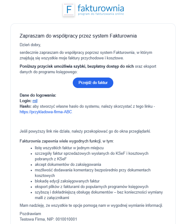 Księgowy na swojej skrzynce mailowej znajdzie wiadomość z linkiem zaproszeniowym do Twojego konta. Aby zaakceptować zaproszenie księgowy musi kliknąć link.