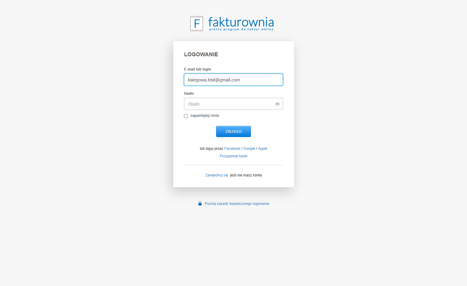 Jeśli adres e-mail księgowego nie rejestrował się jeszcze w systemie, zobaczy on formularz rejestracji, gdzie należy nadać hasło do logowania. Dla adresu e-mail, który już jest w bazie, system wyświetli formularz logowania.