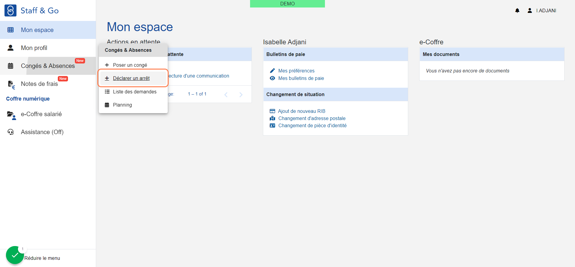 Cliquer sur le menu "Congés & Absences" puis sur "Déclarer un arrêt"