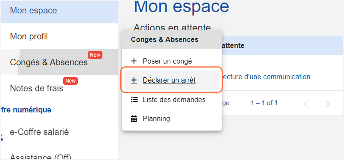 Cliquer sur le menu "Congés & Absences" puis sur "Déclarer un arrêt"