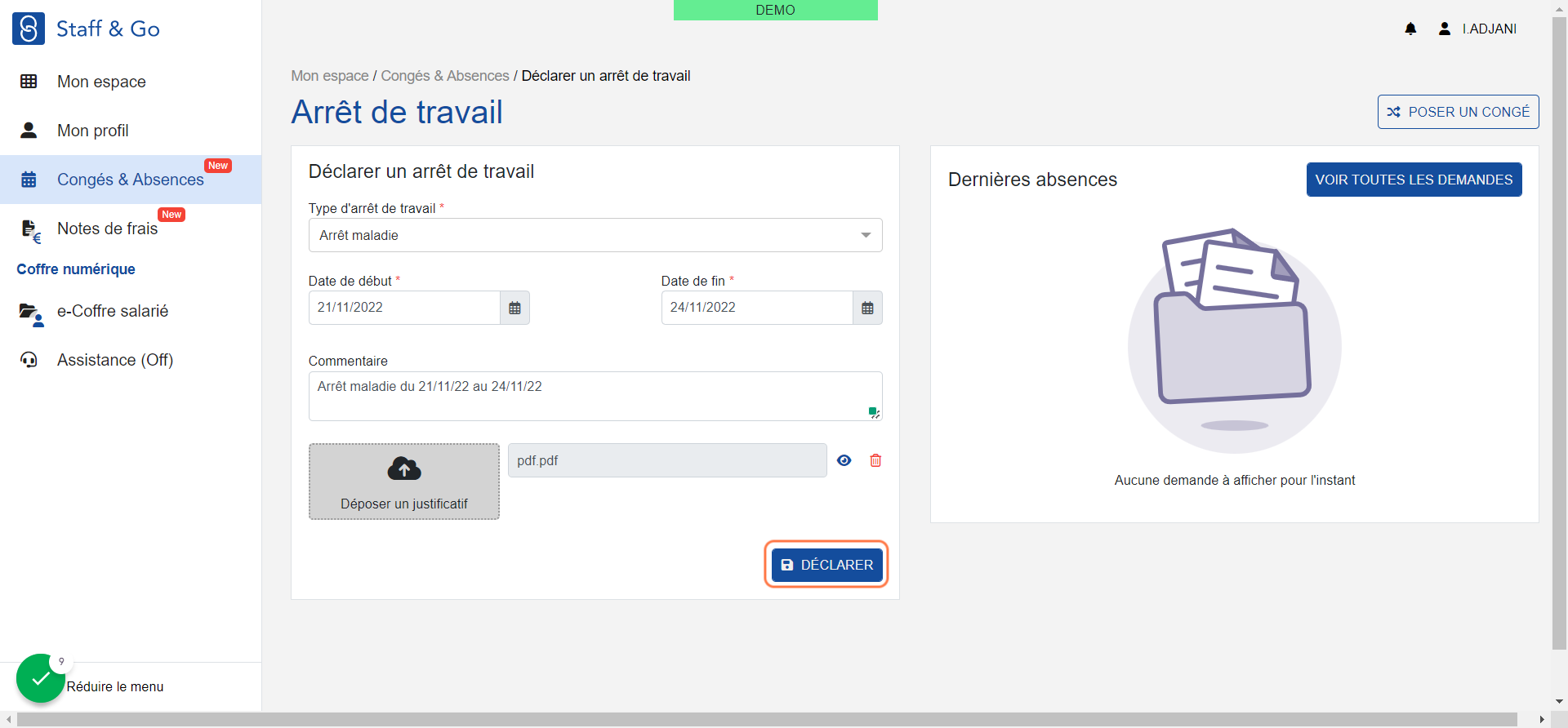 Cliquer sur "DÉCLARER"