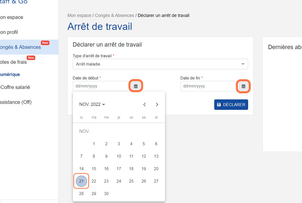 Mettre la date de début et la date de fin de votre arrêt maladie