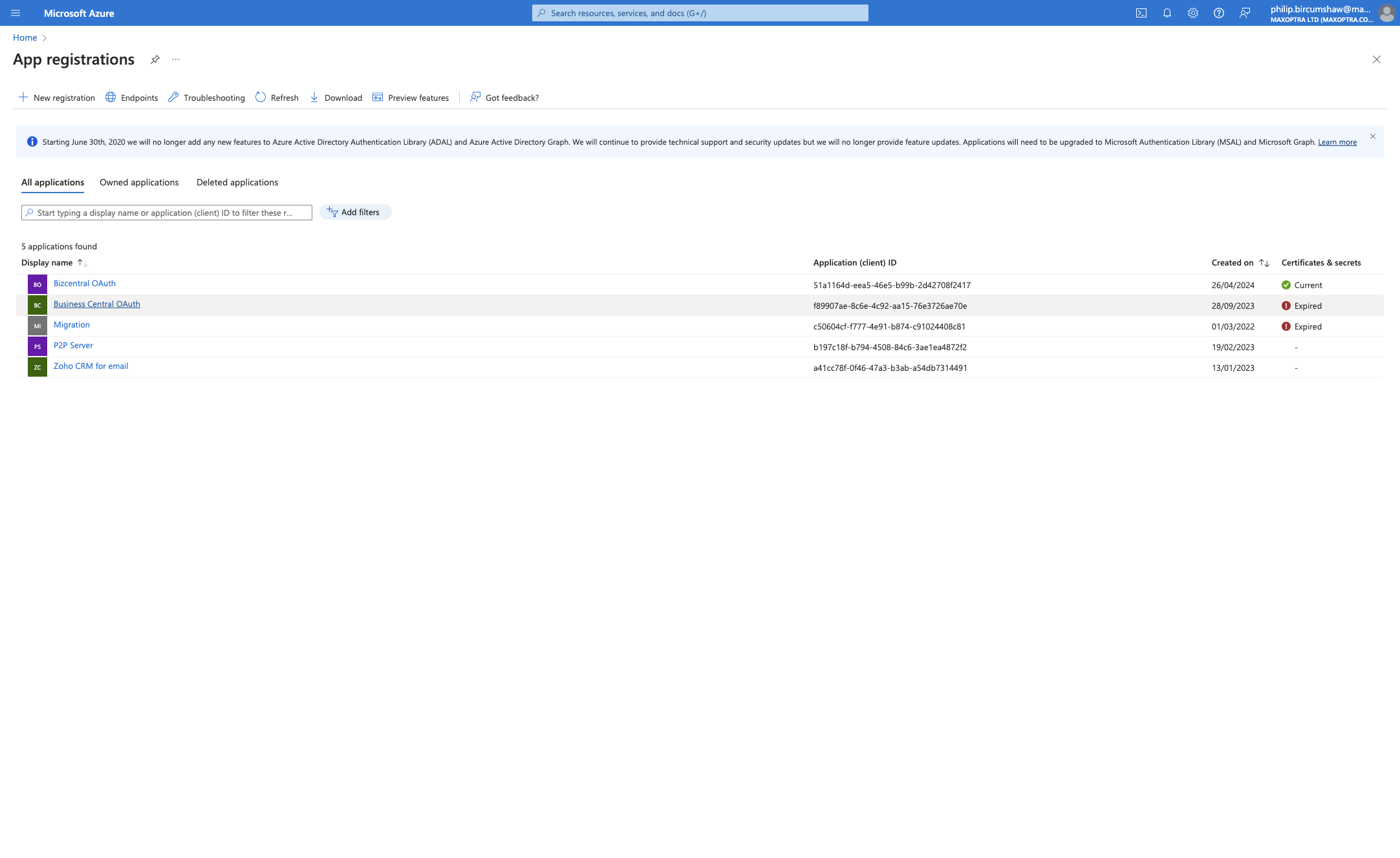 Locate the relevant app registration that has been set up for the MaxOptra BC integration.…