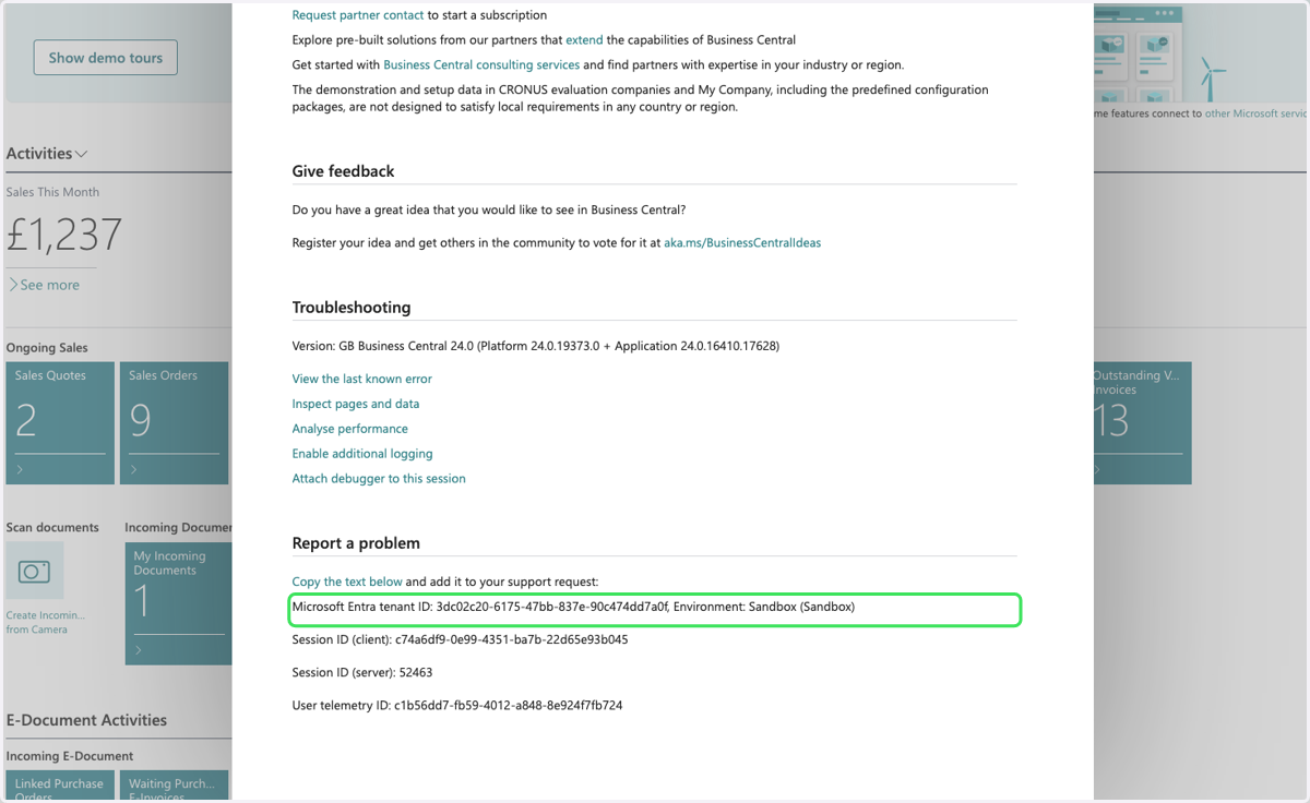 Locate Microsoft Entra or Azure AD tenant ID: i.e 3dc02c20-6175-47bb-837e-90c474dd7a0f, Environment: Sandbox (Sandbox)