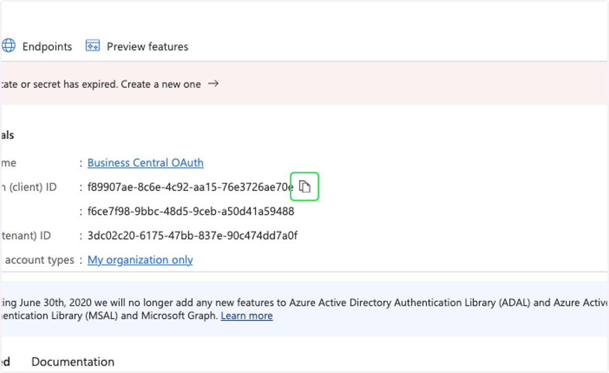 Click on 'Copy to clipboard' to copy the value for Application (client) ID.