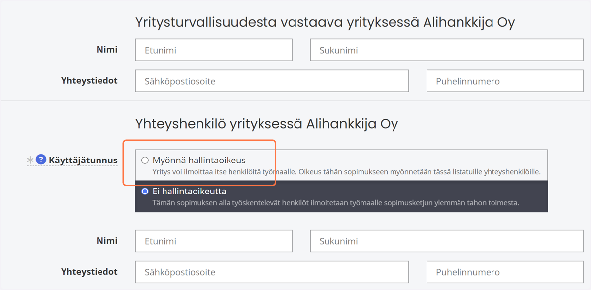 Kelaa alas ja valitse sopimukset yhteyshenkilön kohdalla "Anna urakoitsijalle ja yhteyshenkilölle hallintaoikeus"