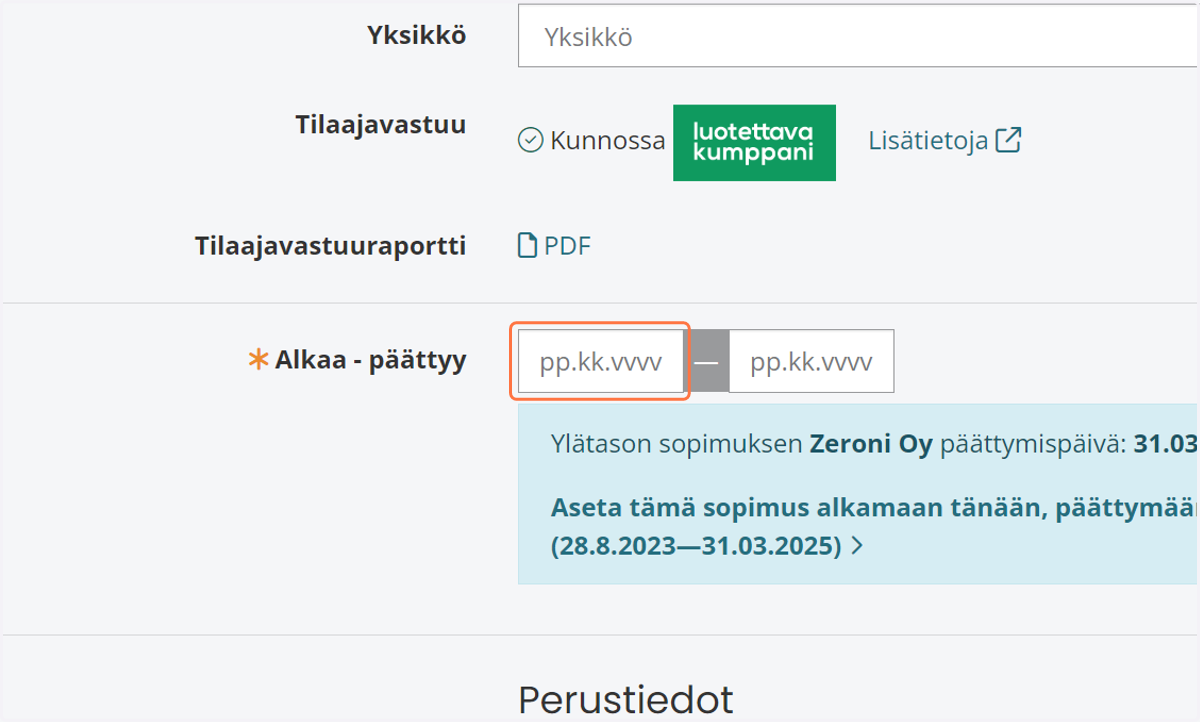 Tilaajavastuutiedot haetaan automaattisesti ja voit myös halutessasi tarkastella tilaajavastuuraporttia tässä vaiheessa klikkaamalla PDF-linkkiä. Aseta työmaalle alkamis- ja päättymispäiväykset.