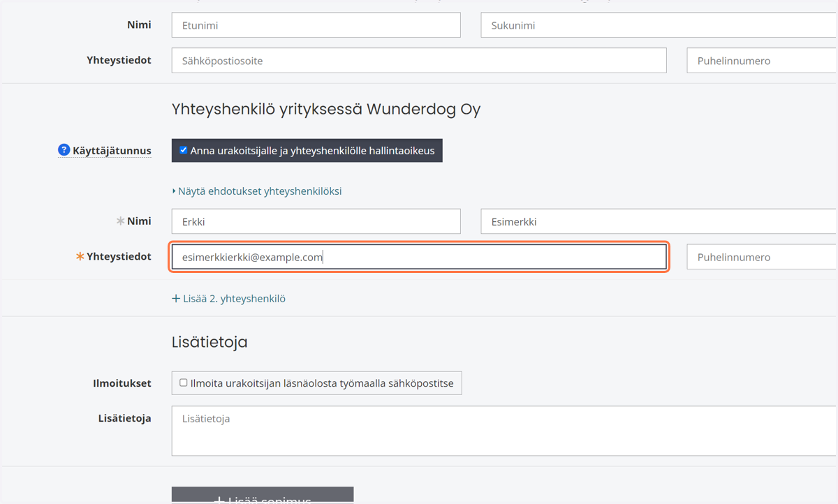 Aseta urakoitsijan yhteyshenkilön yhteystiedot