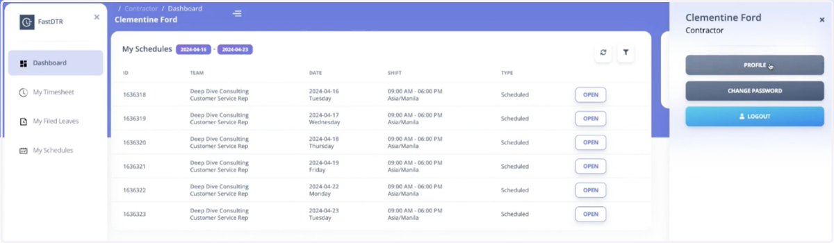 This is your Fast DTR Interface, you will automatically be in your Dashboard once you've signed in.