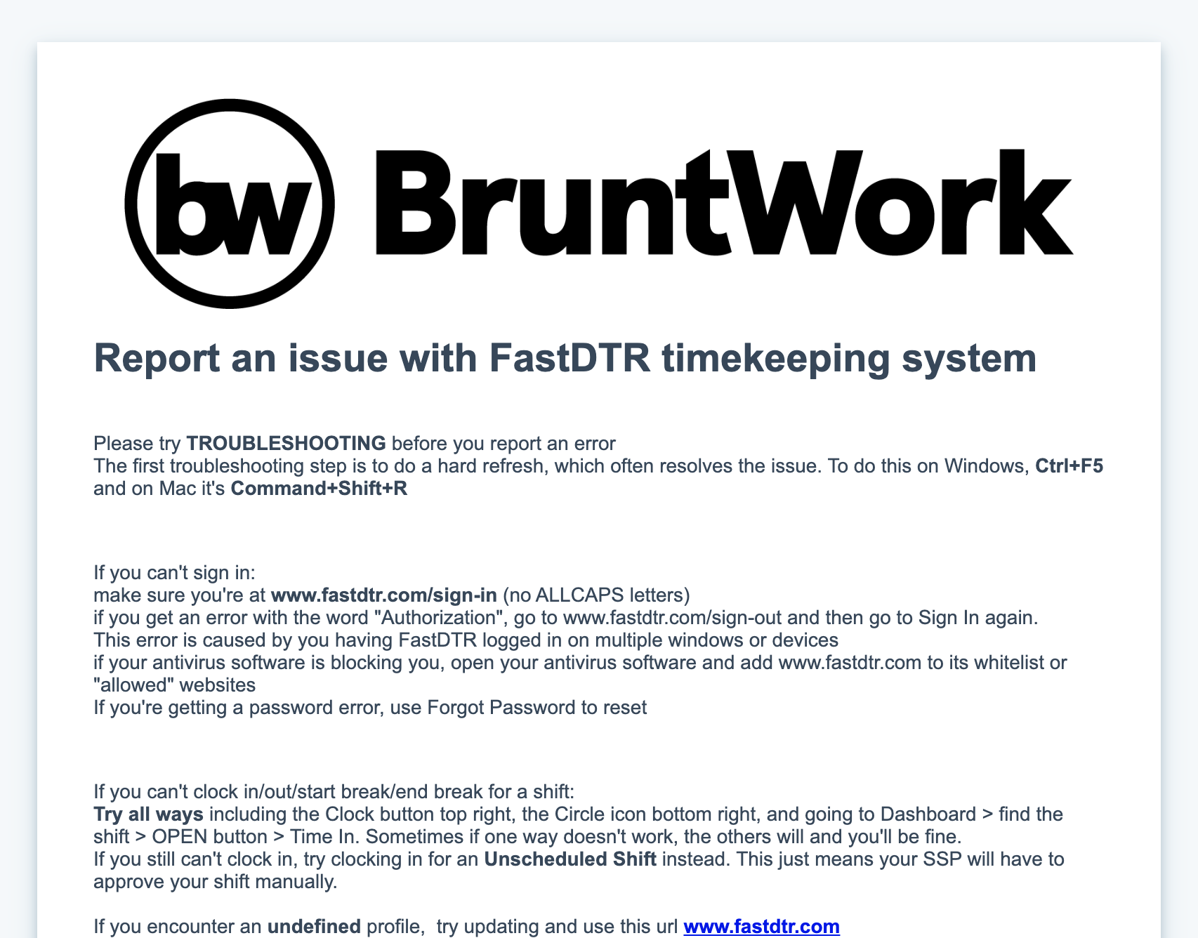 Click on Report an issue with FastDTR timekeeping system
