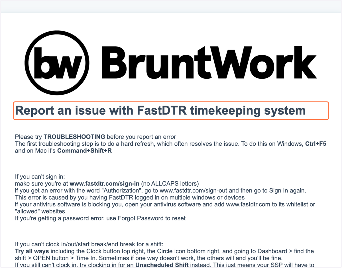 Click on Report an issue with FastDTR timekeeping system