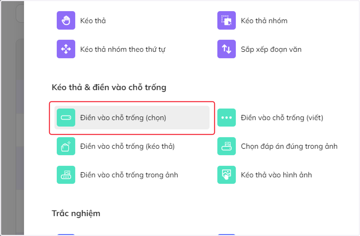 Nhấn chọn "Điền vào chỗ trống (Chọn)"