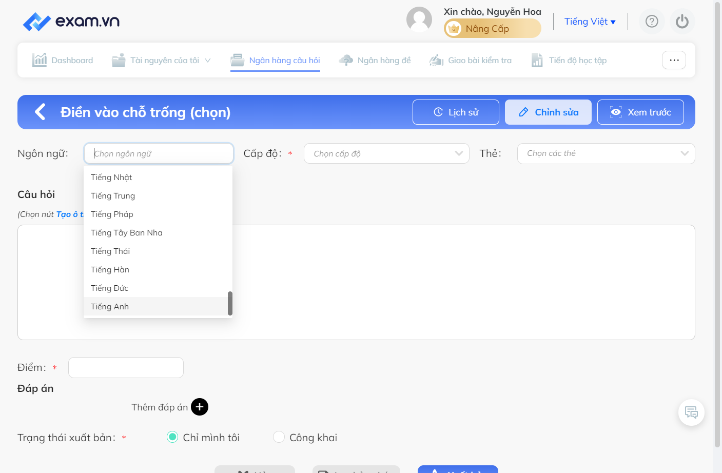 Sau đó chọn ngôn ngữ có trong danh sách