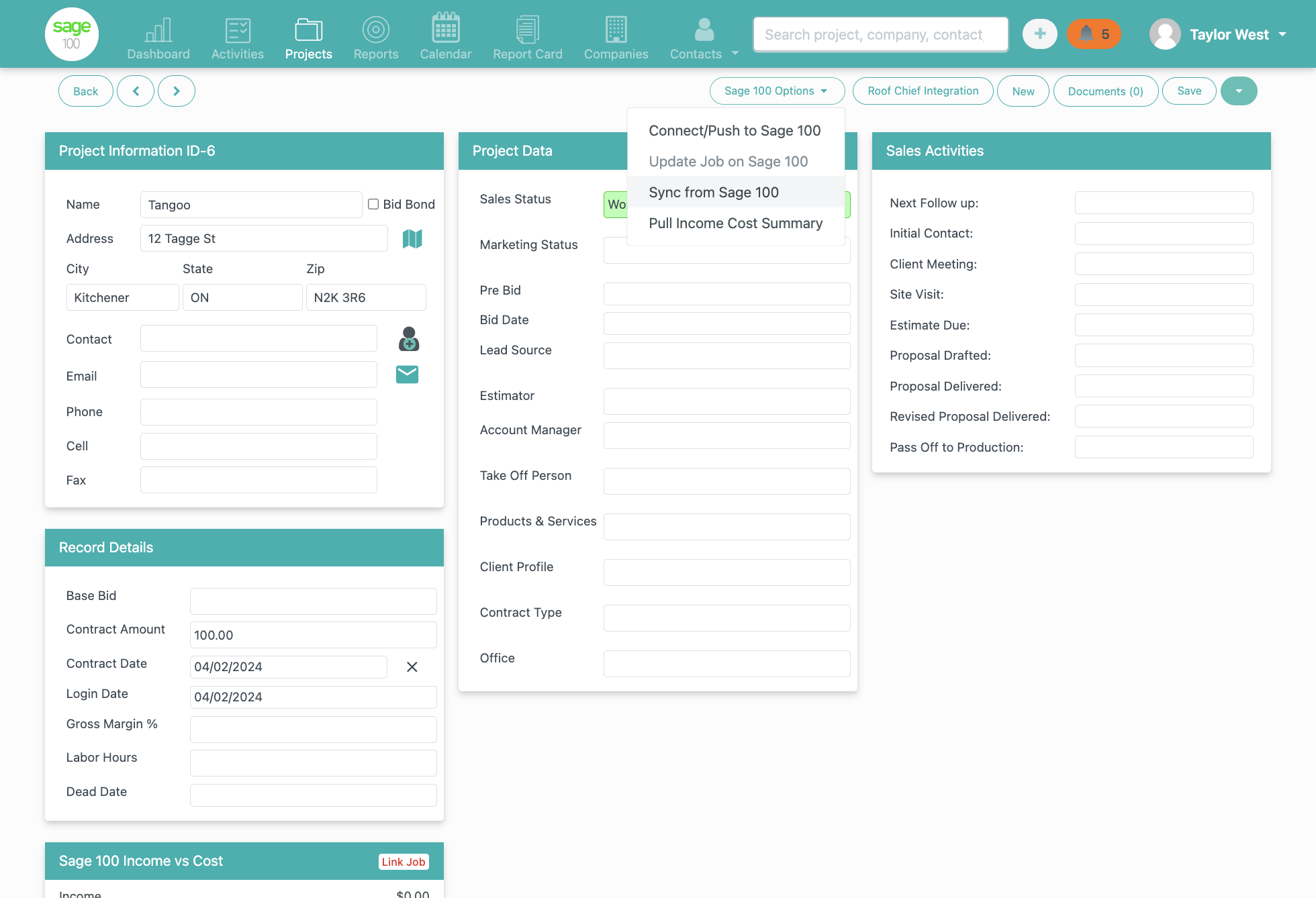 Click on Sync from Sage 100