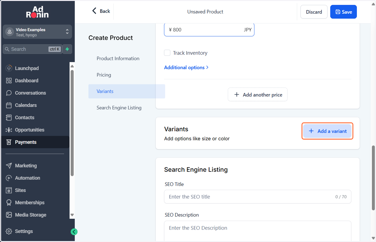 (Optional) Click on Add a variant