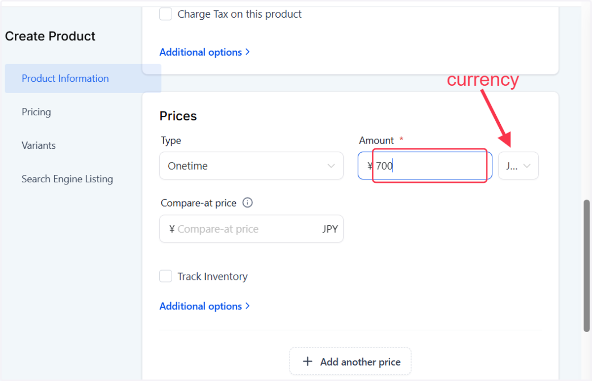 Choose the price and currency
