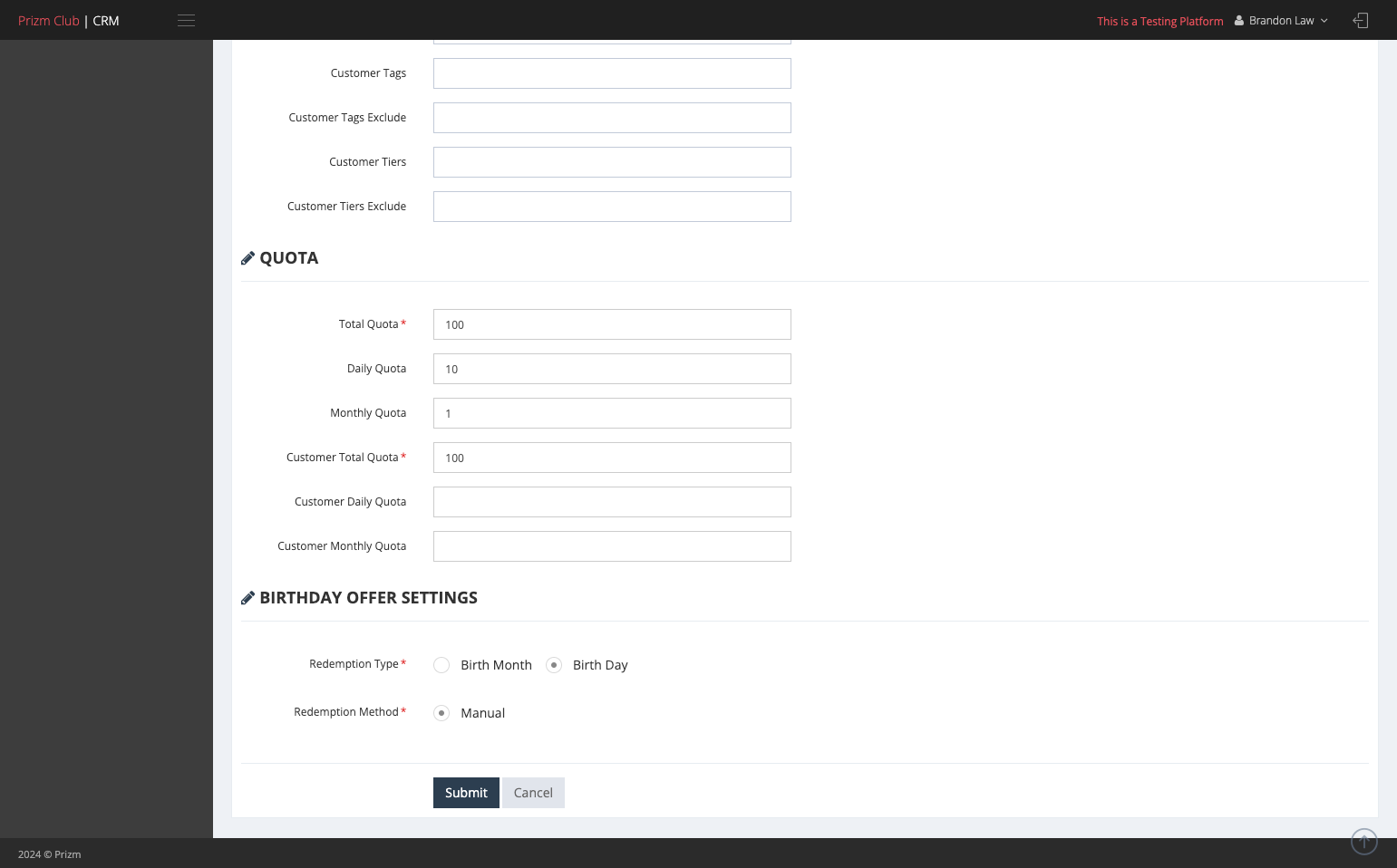 Select the Redemption Type, which specifies when the birthday offer can be redeemed.