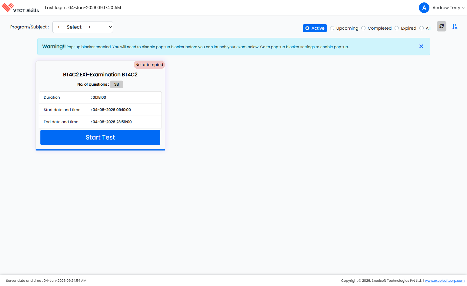 The learner will now be logged in to the Test Player and can begin the exam