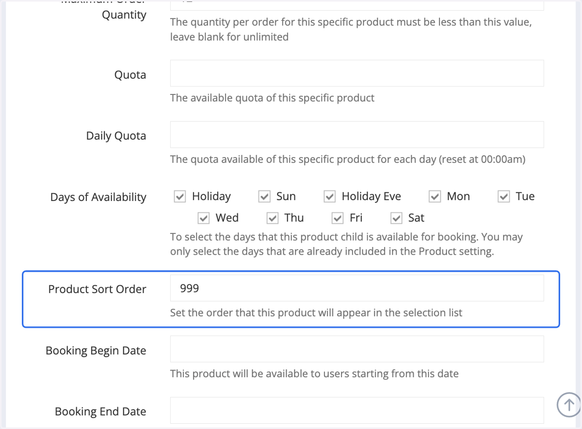 Determine the order in which this product child will appear in the landing page.