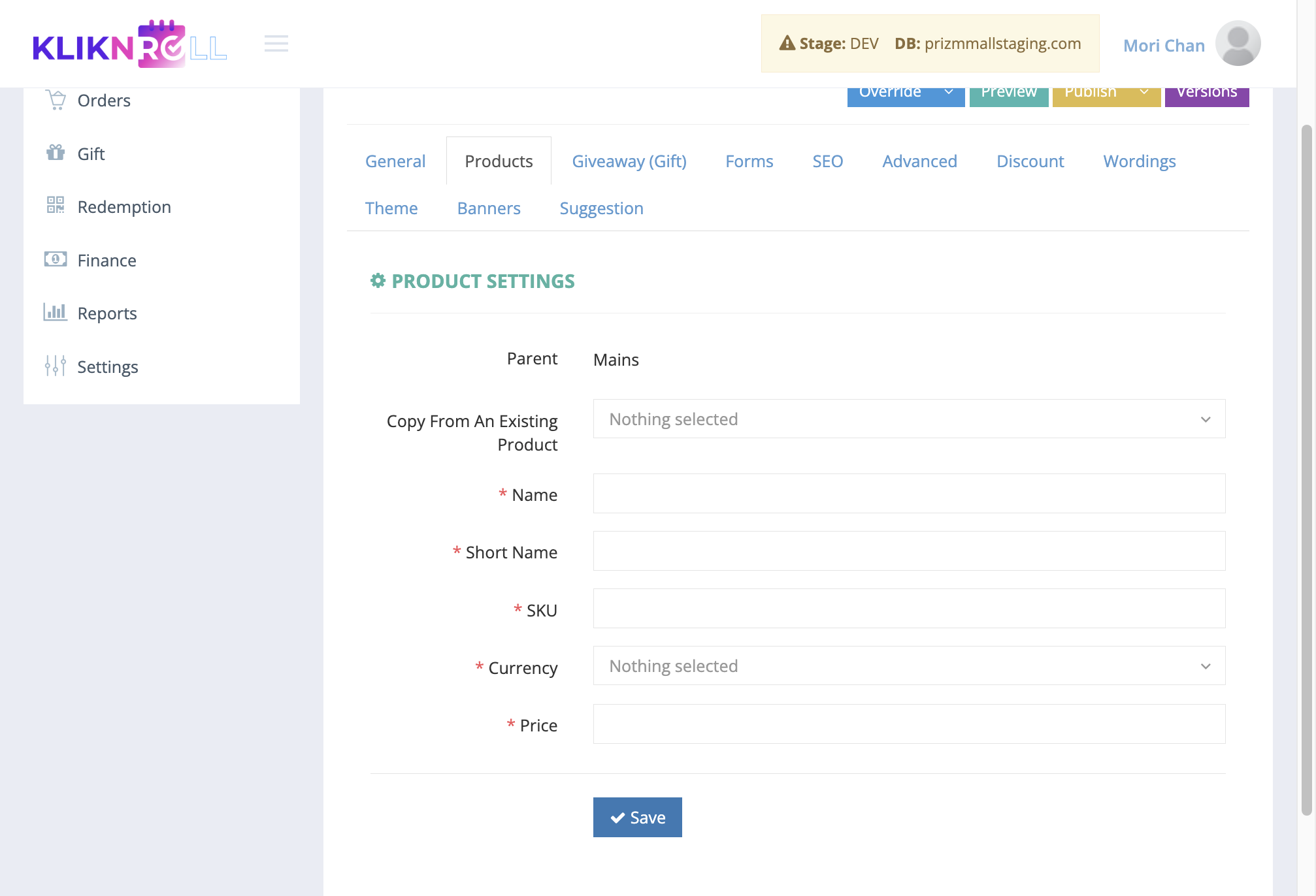 Click on the “Save” button to save your product child’s settings.