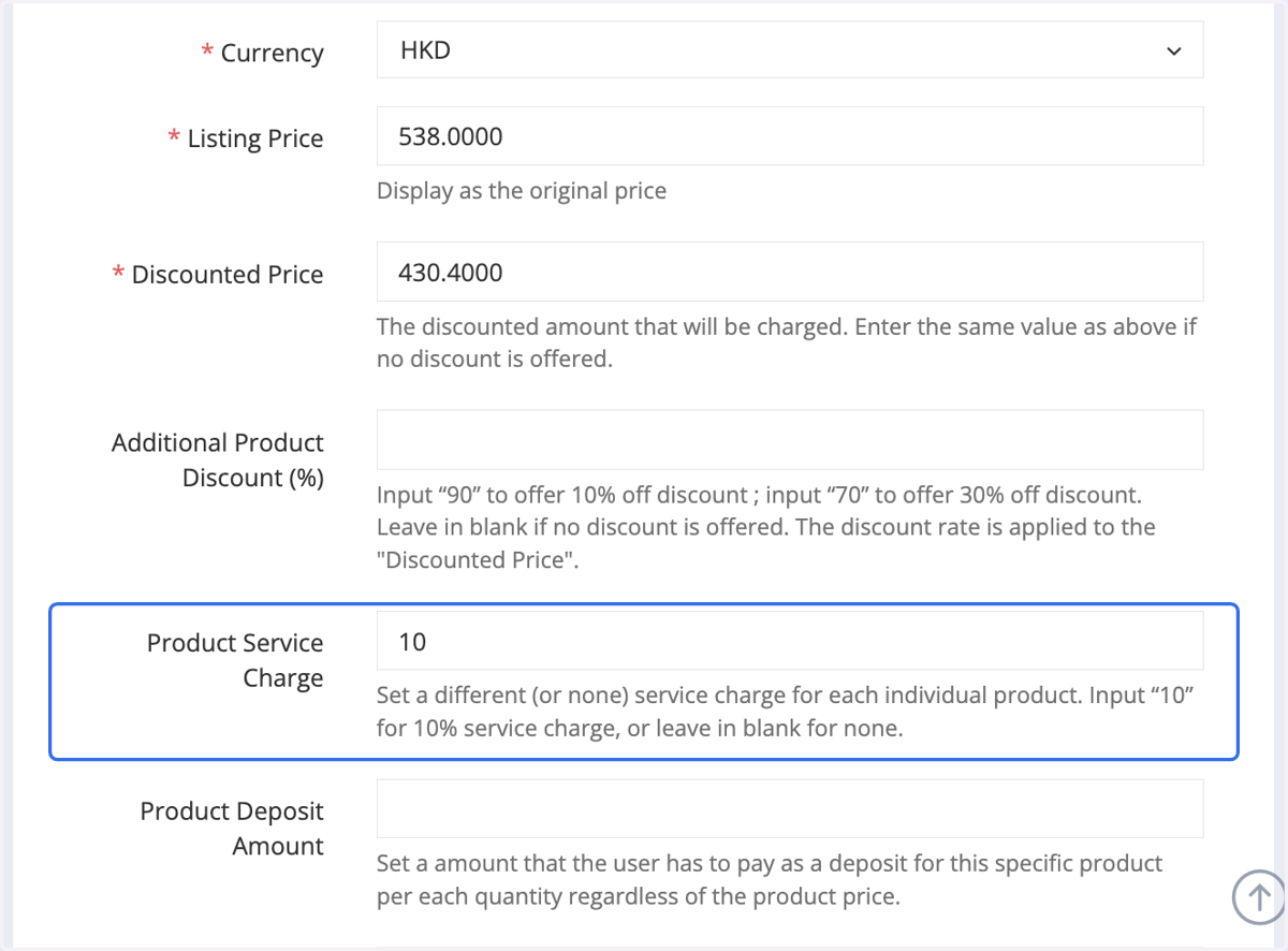 Assign a specific service charge for each product individually by entering a numerical value. For example, entering “10” would indicate a service charge of 10%, or you can leave the field blank if no service charge is applicable.