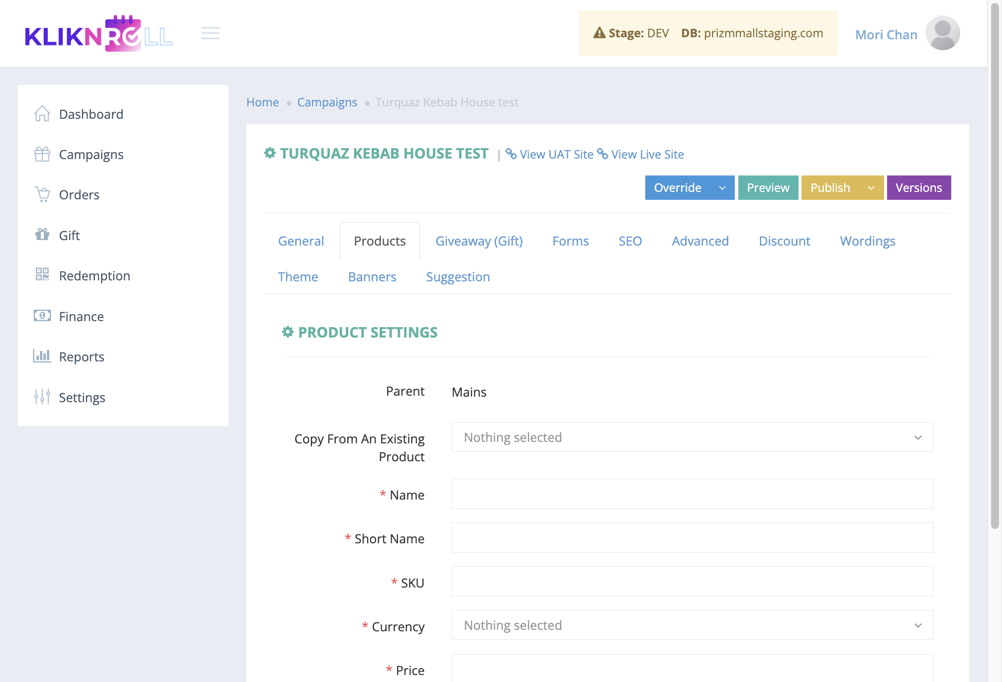 A. Select an existing product child to duplicate, if needed. You can then skip unchanged fields and update only the required information. B. If there is no existing product to duplicate, proceed by entering the product name. C. Insert the short name 