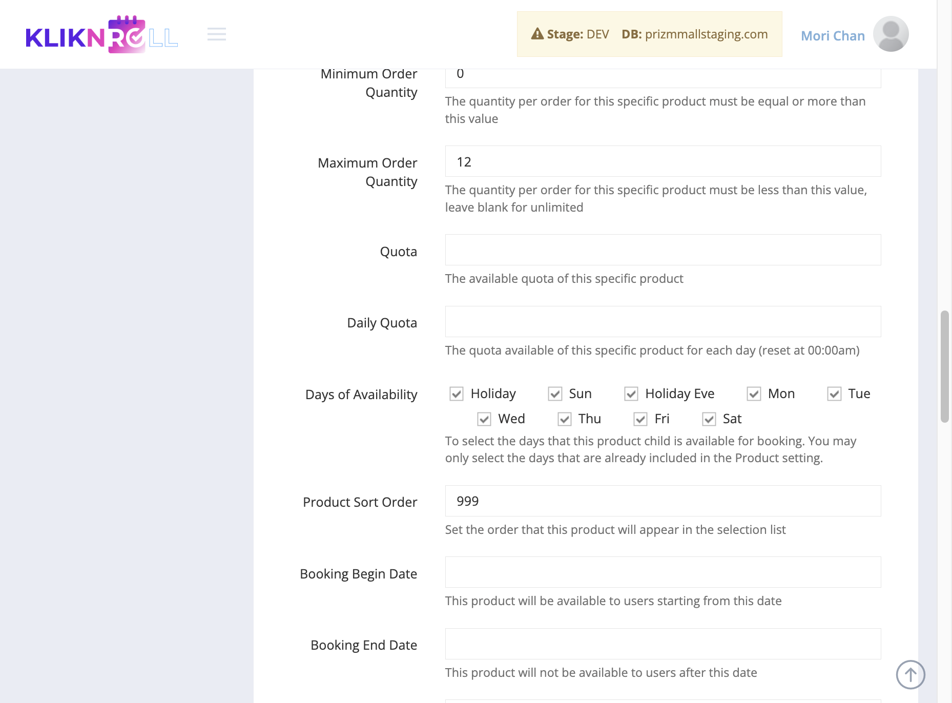 Select the days when this product child can be booked. Please choose only from the days already specified in the product group settings.
