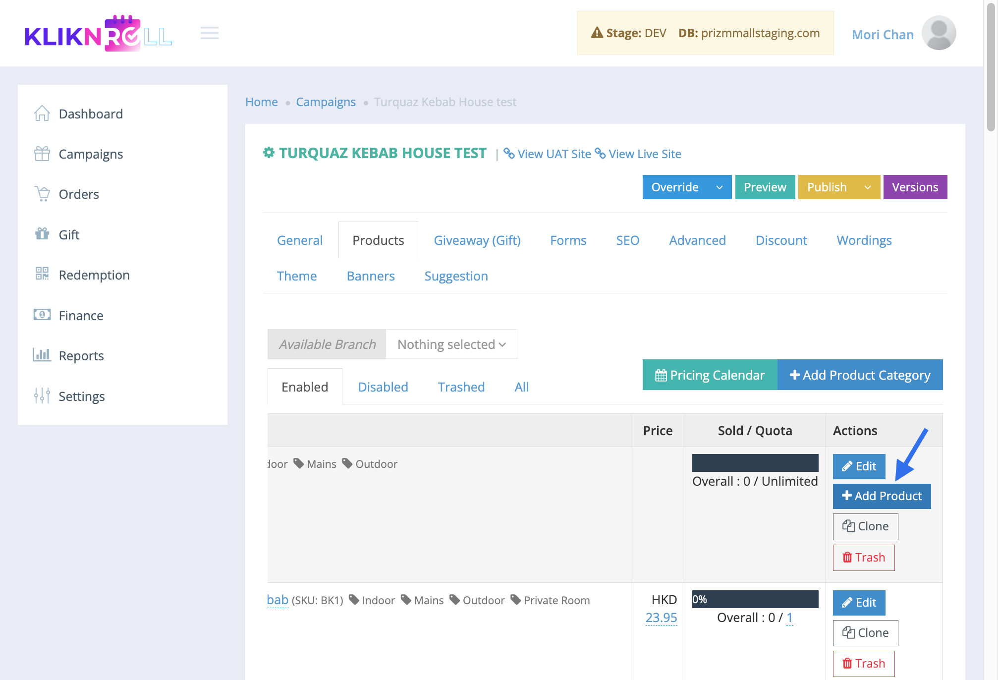 To create a product child (the actual product selection), return to the product page and click the “+Add Product” button located within the product group.