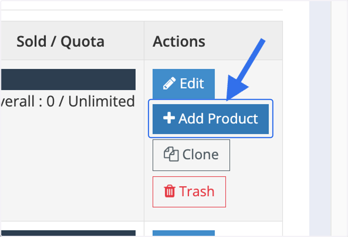 To create a product child (the actual product selection), return to the product page and click the “+Add Product” button located within the product group.