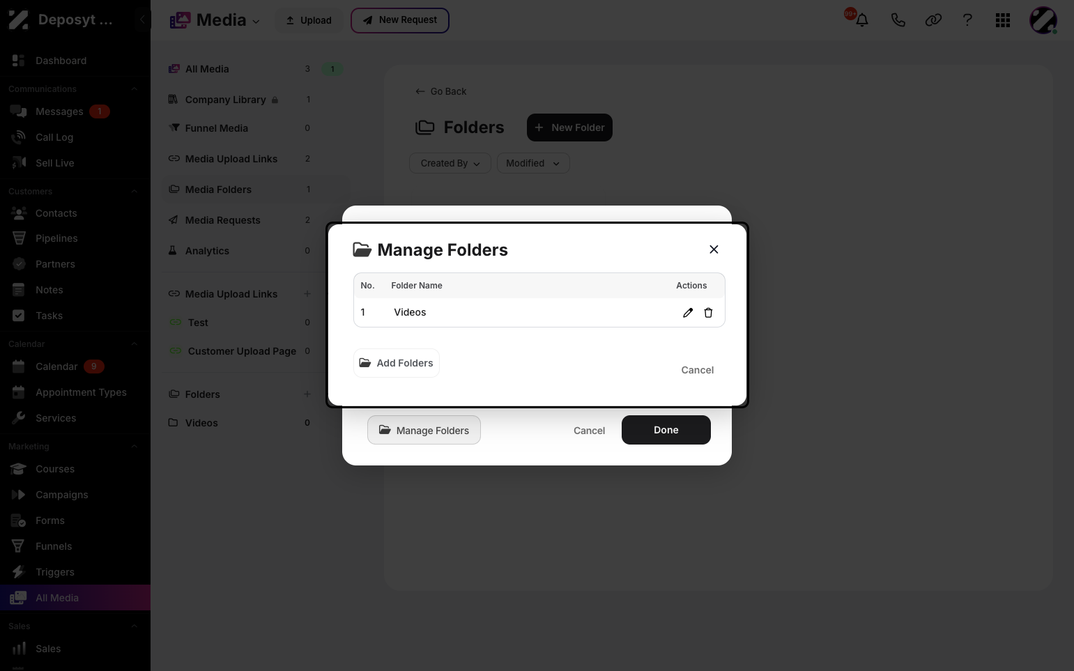 Step 8: Click the pencil icon to edit or the trashcan icon to delete existing folders.