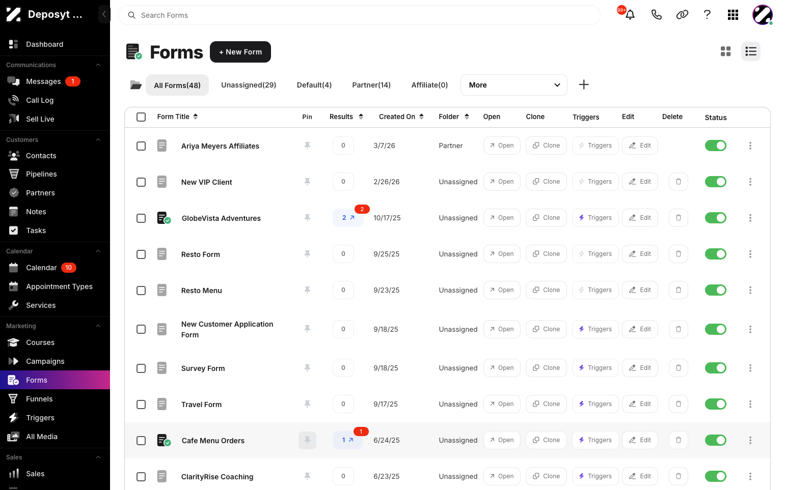 Step 2: You are then navigated to Forms. Click the Pin icon in the Pin column to pin the form to the top.