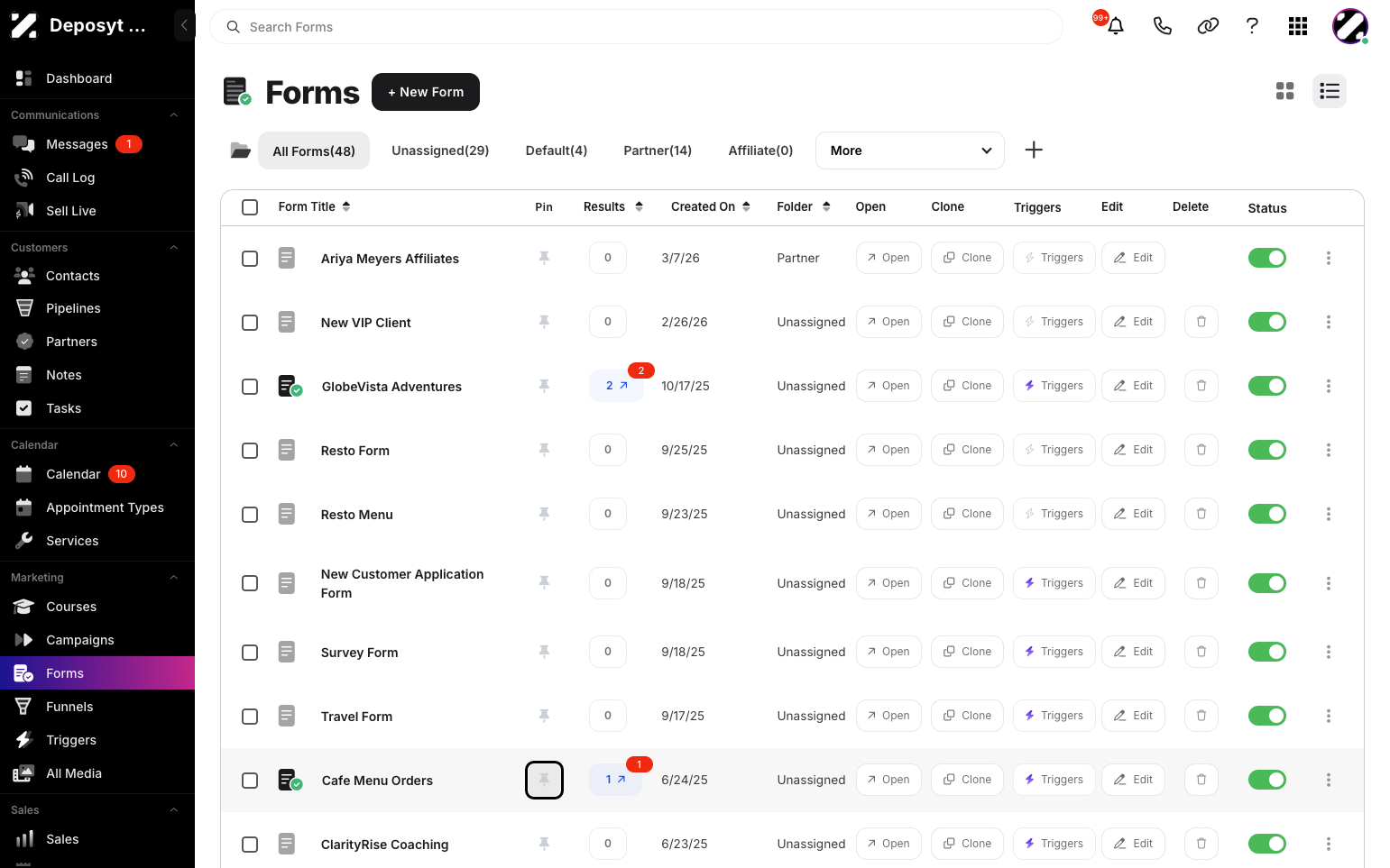 Step 2: You are then navigated to Forms. Click the Pin icon in the Pin column to pin the form to the top.