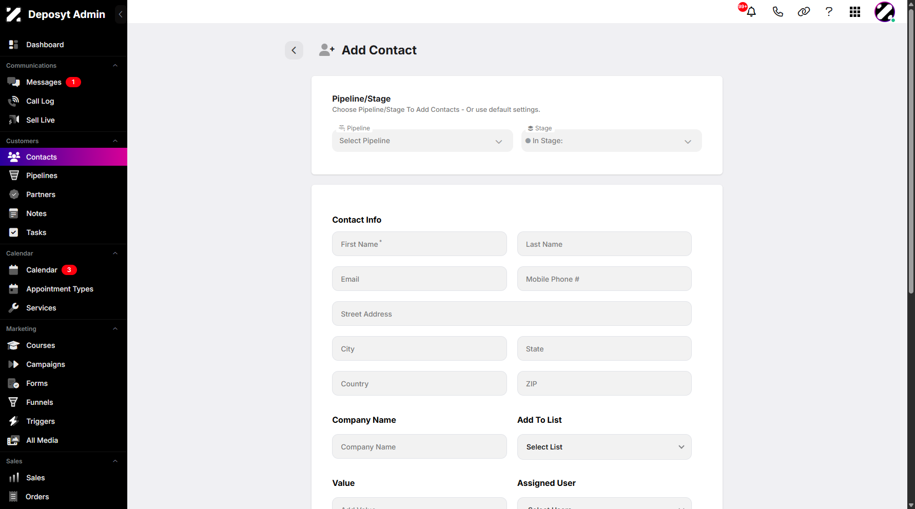 Step 4: You will then be navigated to a new page, where you can enter all the basic information for your new contact.