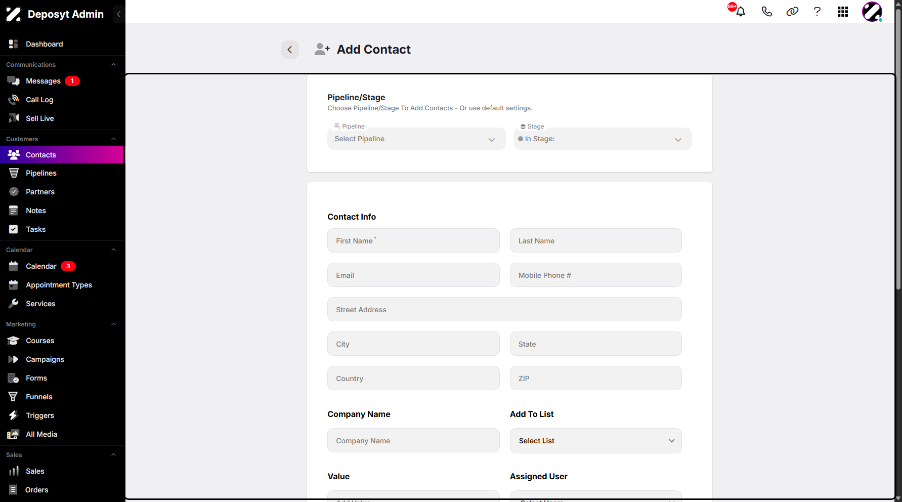 Step 4: You will then be navigated to a new page, where you can enter all the basic information for your new contact.