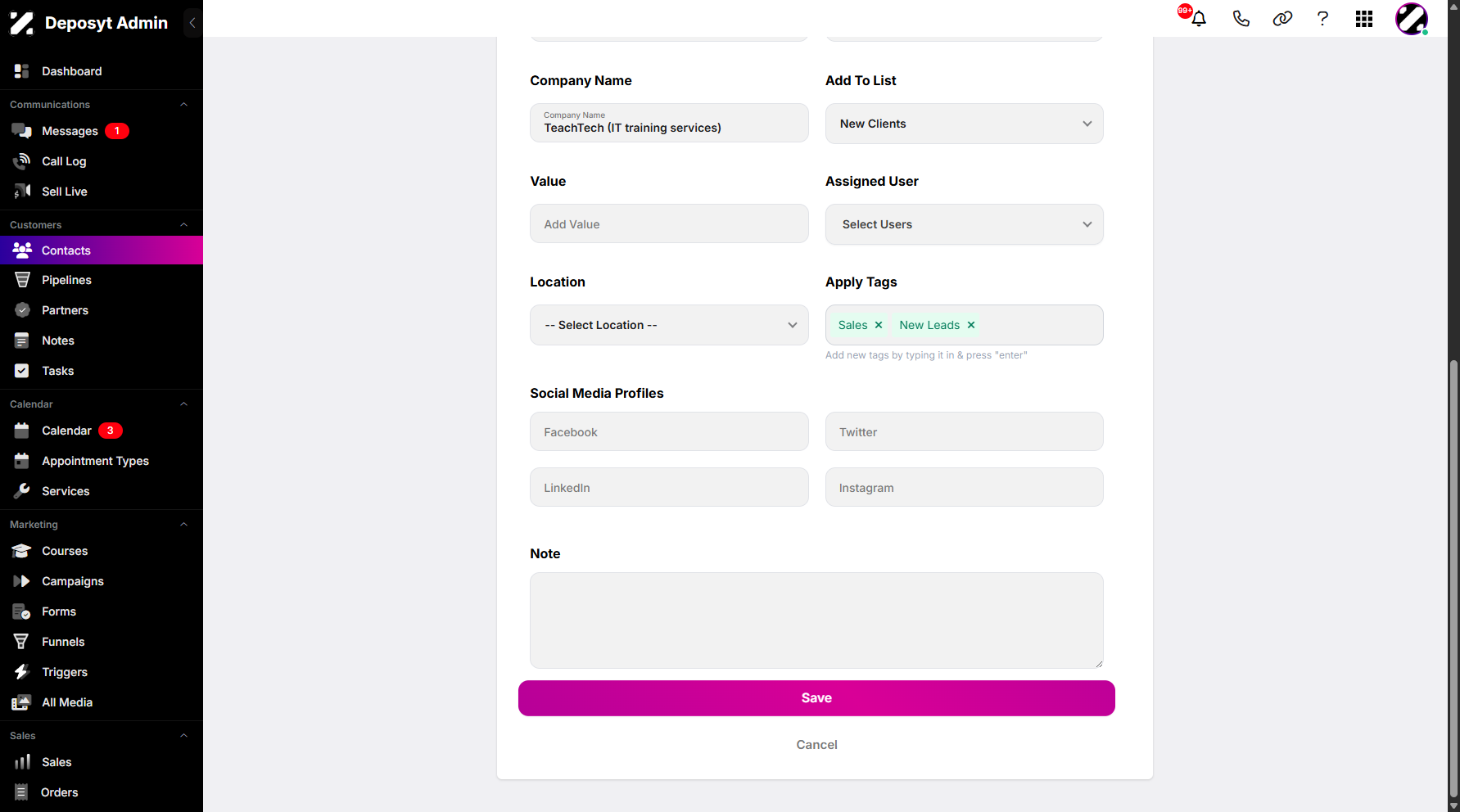 Step 7: Once you have entered all the details in their data fields, click ‘Save’ to create your new contact.