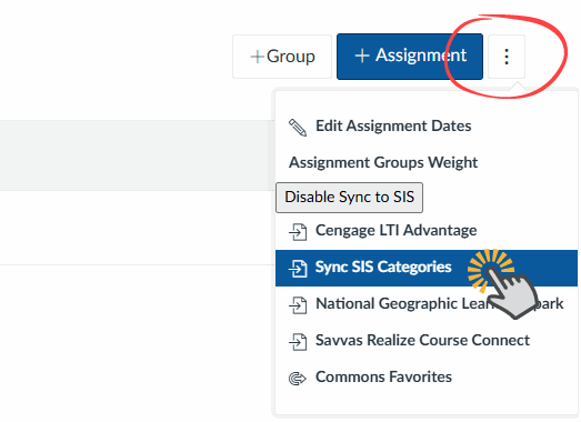 Choose the assignment settings option (⋮) and select Sync SIS categories