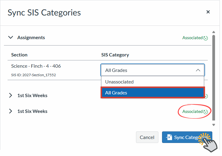 Use the drop down menu to select All Grades for each section of your course
