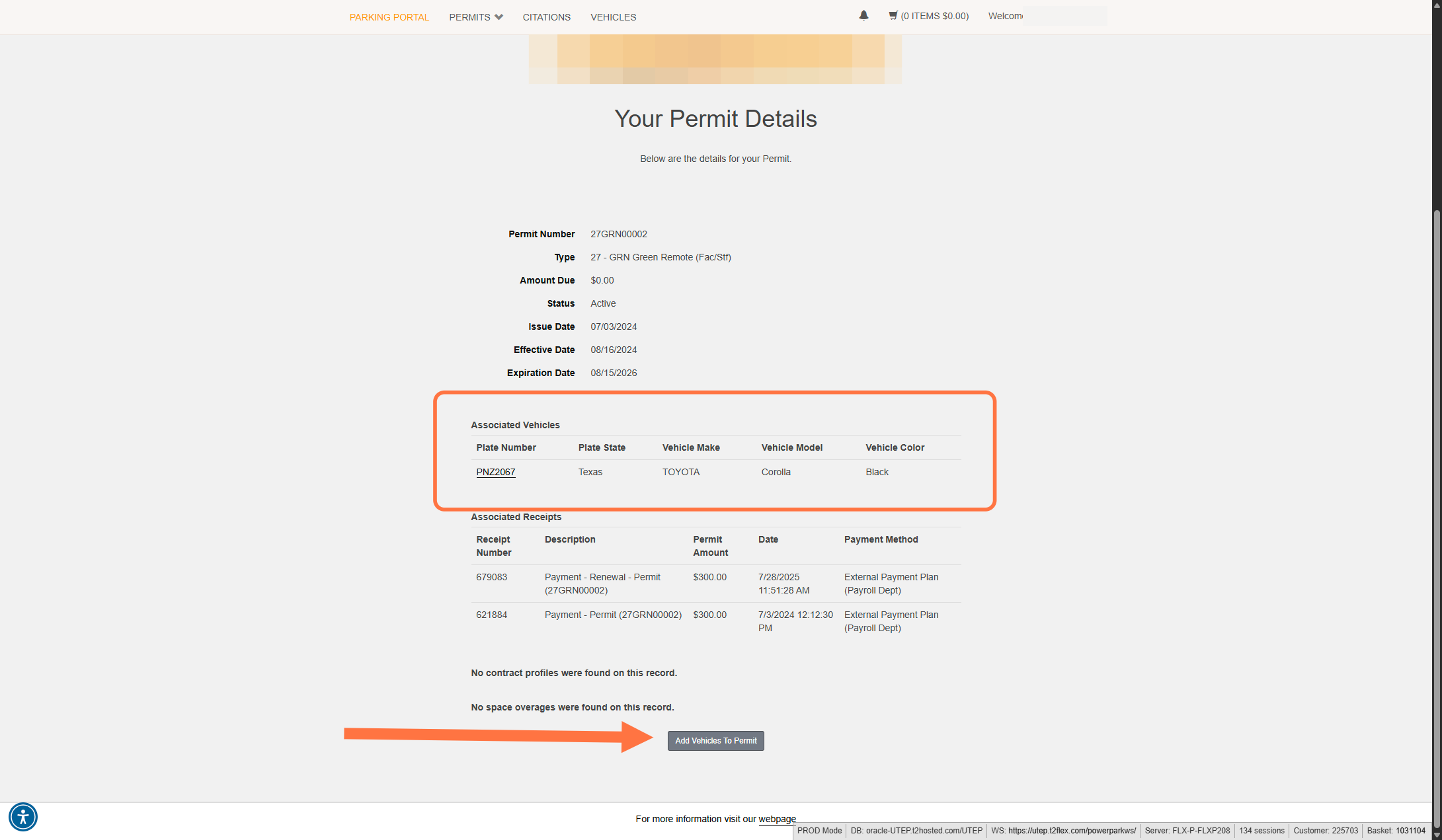 On this page, you can see all vehicles that are associated with your permit. To add another vehicle, click the button at the bottom