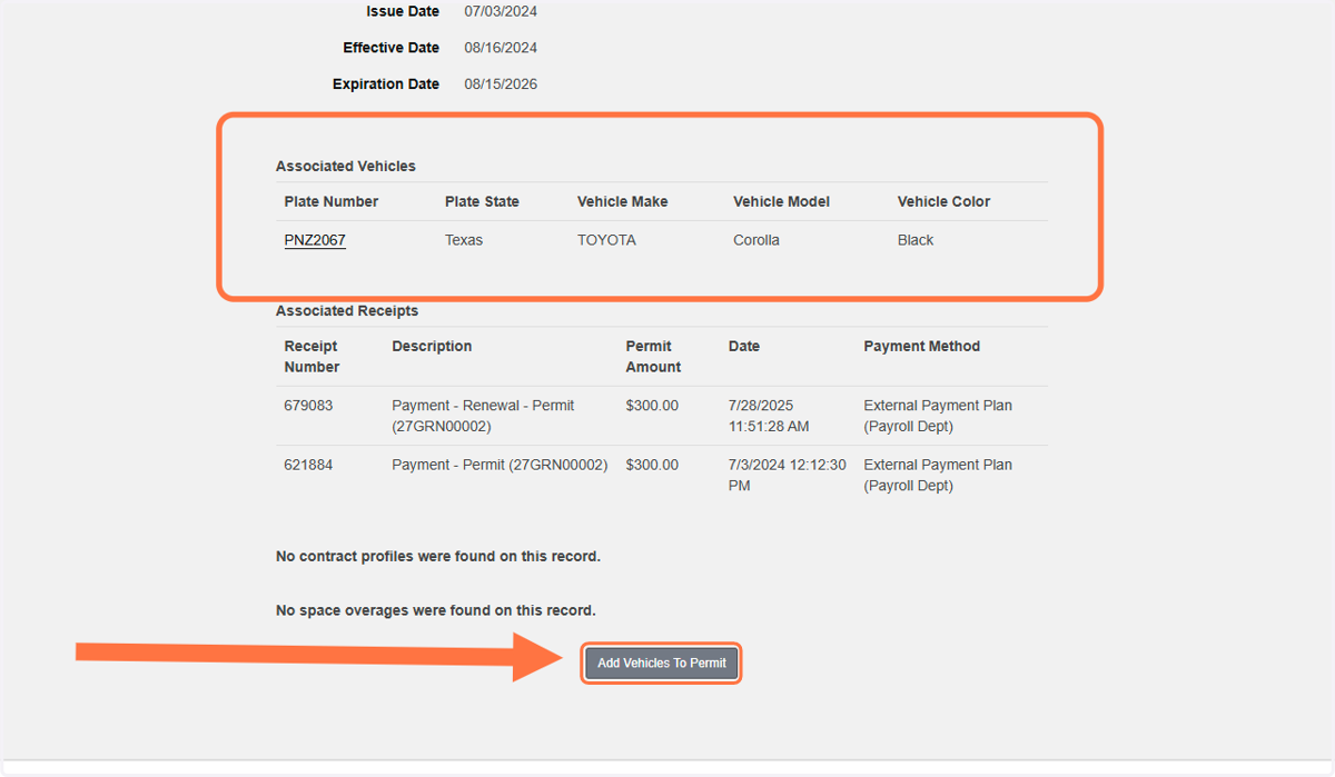 On this page, you can see all vehicles that are associated with your permit. To add another vehicle, click the button at the bottom