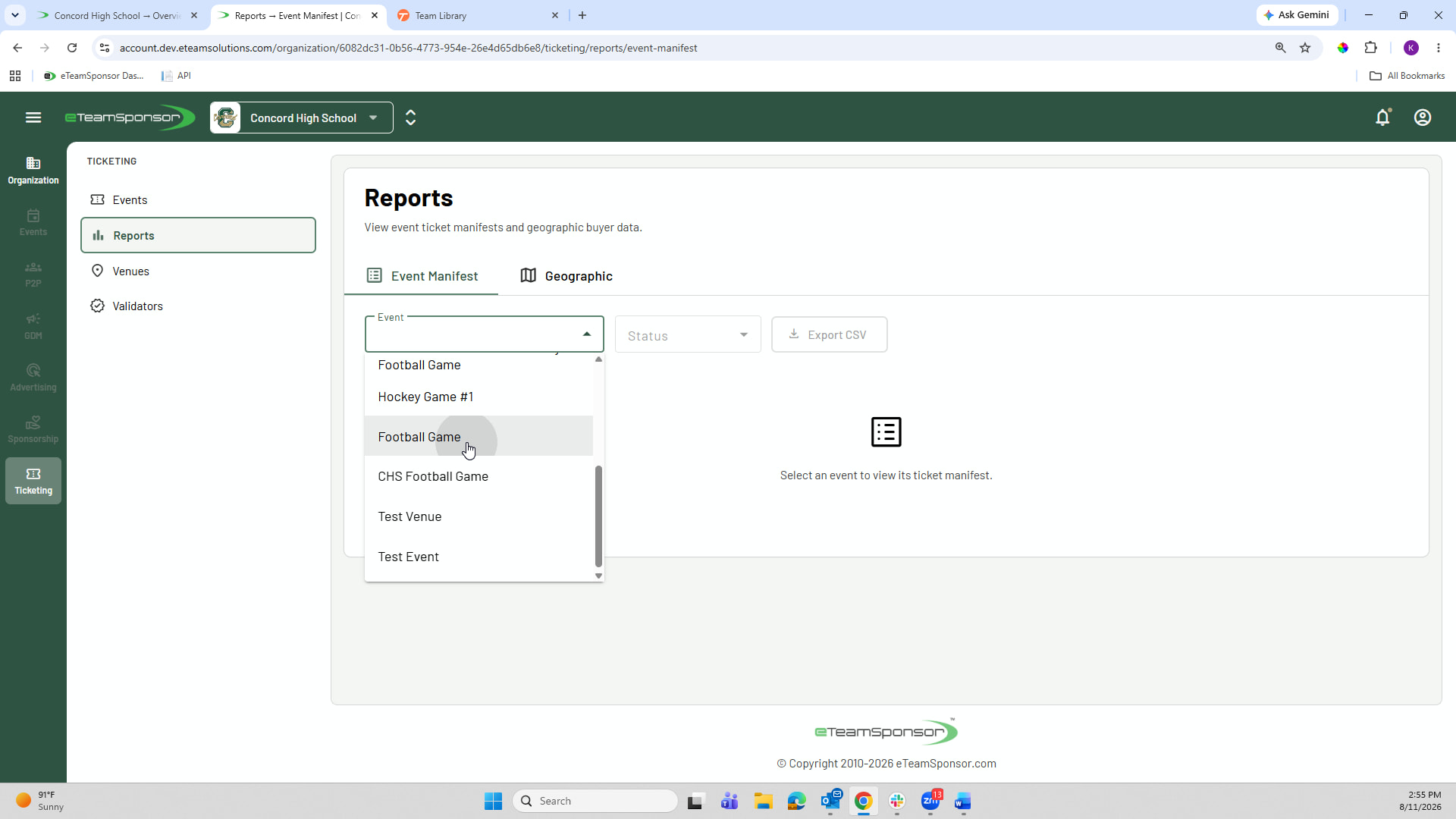 Select event you want to print event manifest for