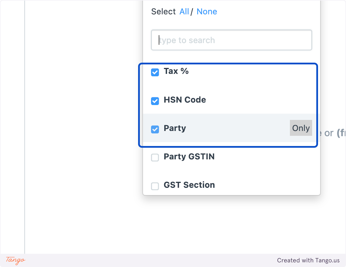 In our example we are grouping by Tax%, HSN code and Party 