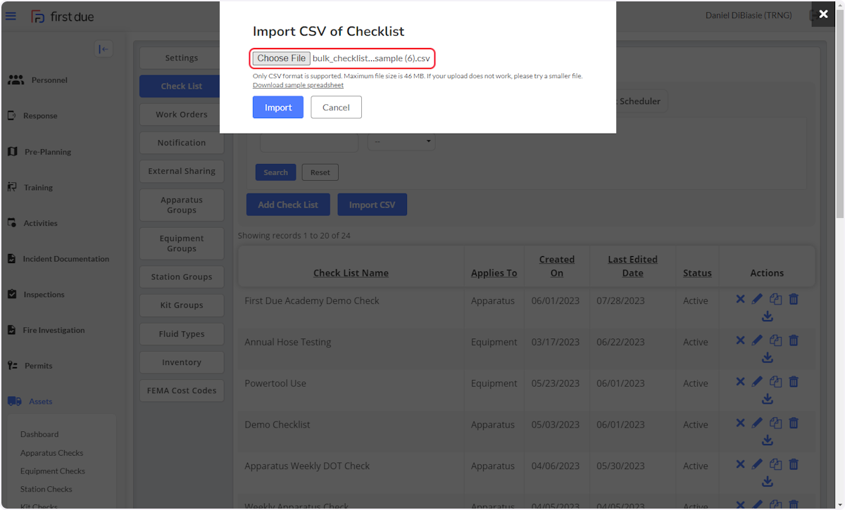 Attach the completed .csv checklist file.