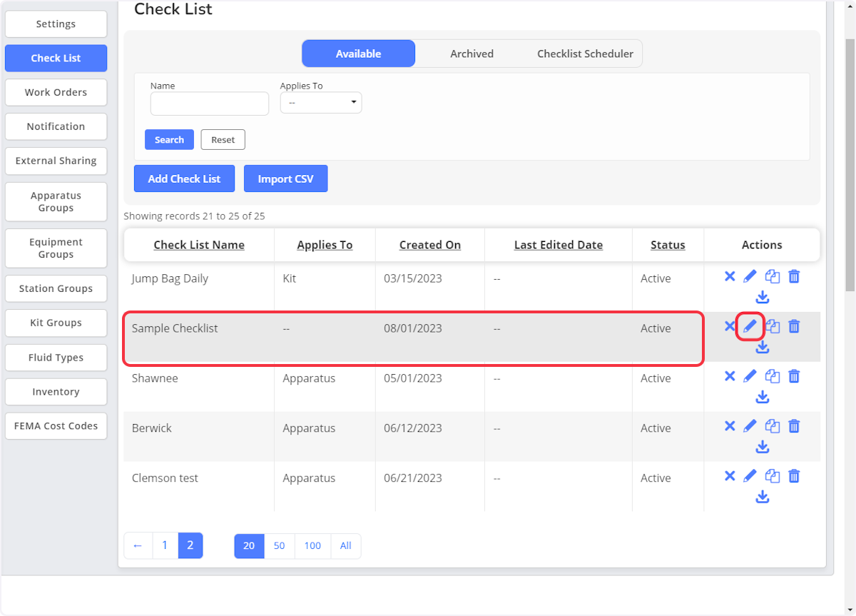 Locate the newly imported checklist and click the Edit icon in the Actions column.