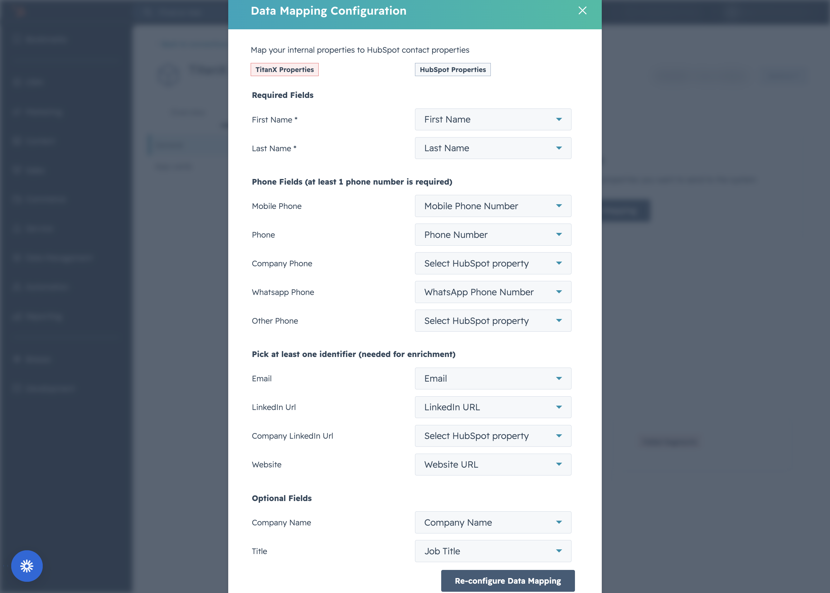 To be able to enrich a contact, you need to map at least one identifier. Mapping additional fields increase the likelihood of a successful enrichment job.