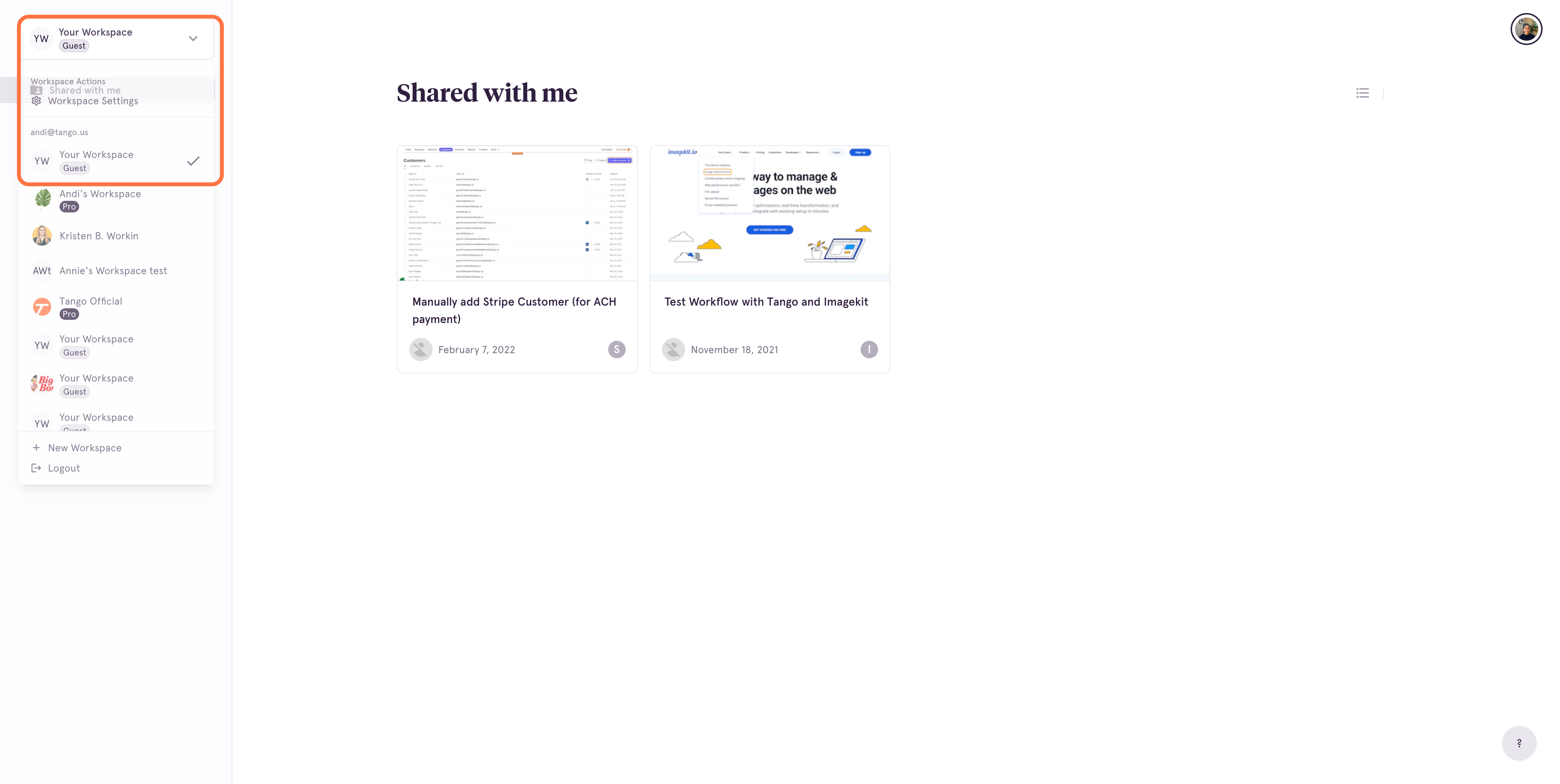 From the dropdown menu, select the Guest Workspace where the Tango is shared.