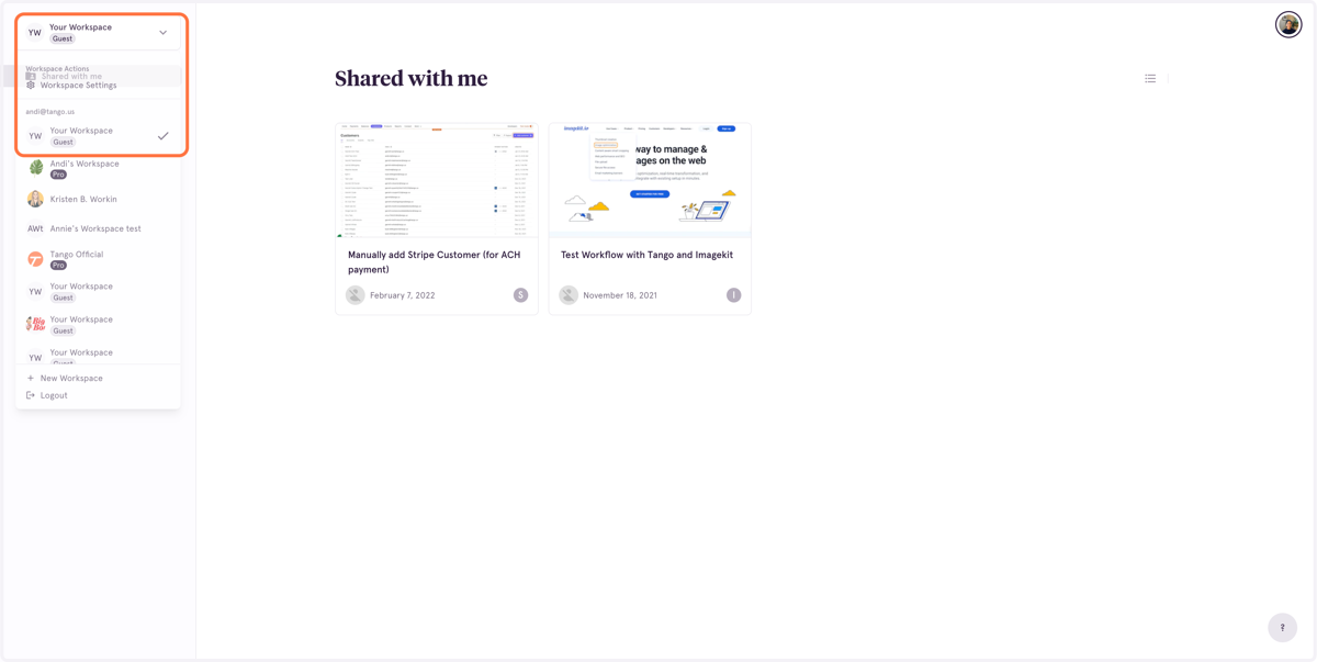 From the dropdown menu, select the Guest Workspace where the Tango is shared.